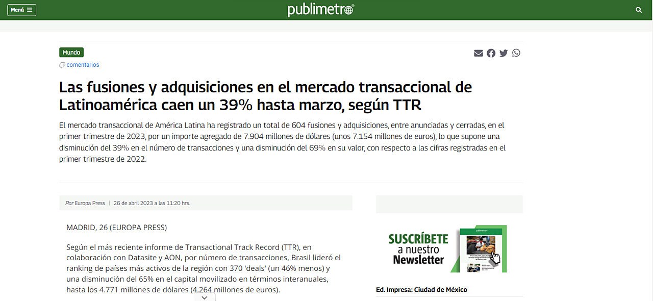 Las fusiones y adquisiciones en el mercado transaccional de Latinoamrica caen un 39% hasta marzo, segn TTR
